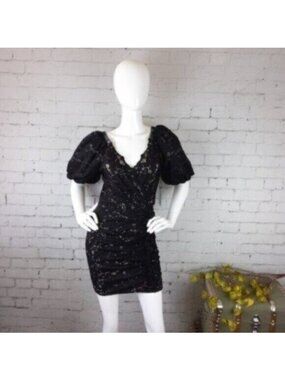 Revolve Saylor Ruched Lace Puff Sleeve Dress Black Size XS